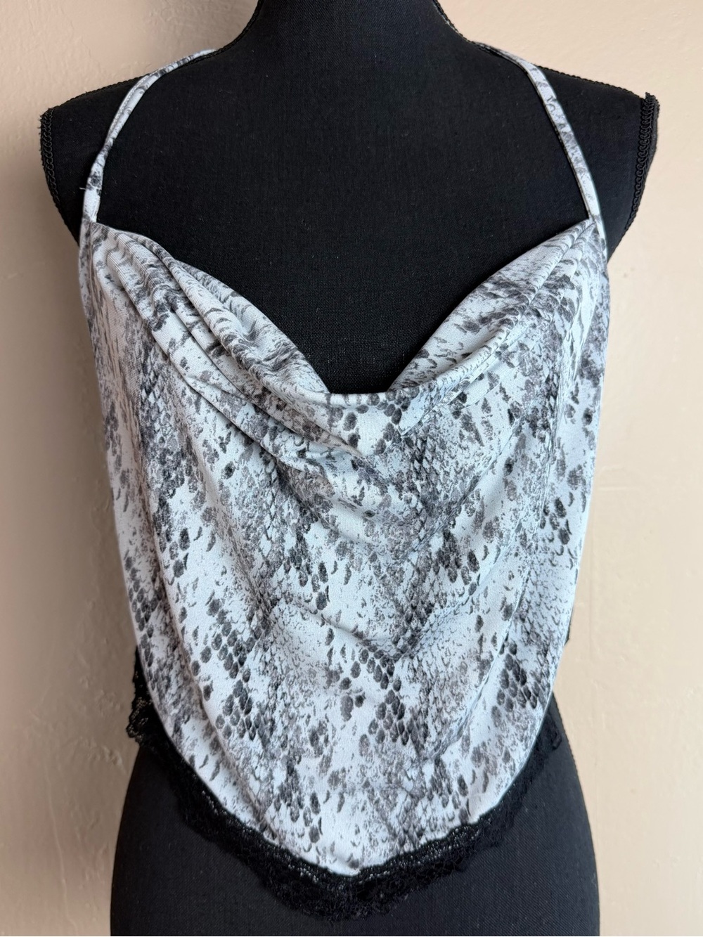 Snakeskin Cowl Neck Bandana Halter Top with Black Lace Trim